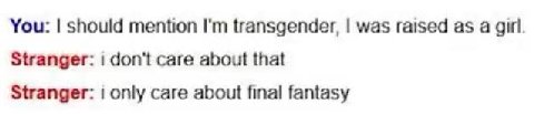 You: should mention transgender, was raised as а girl. Stranger: don't care about that Stranger: only care about final fantasy