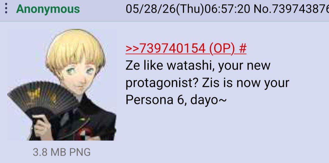 Anonymous 05/28/26(Thu)06:57:20 No.73974387¢ 22739740154 like watashi, your new в protagonist? Zis is now your Persona 6, dayo~ 3.8 PNG