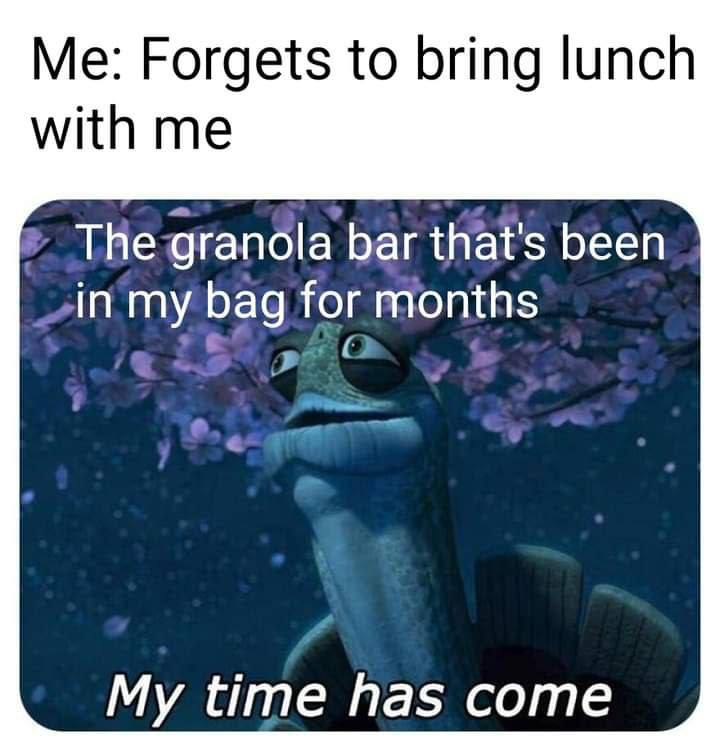 Me: Forgets to bring lunch with me The granola bar that's been in my bag or months time has come
