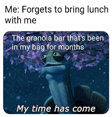 Me: Forgets to bring lunch with me The granola bar that's been in my bag or months time has come