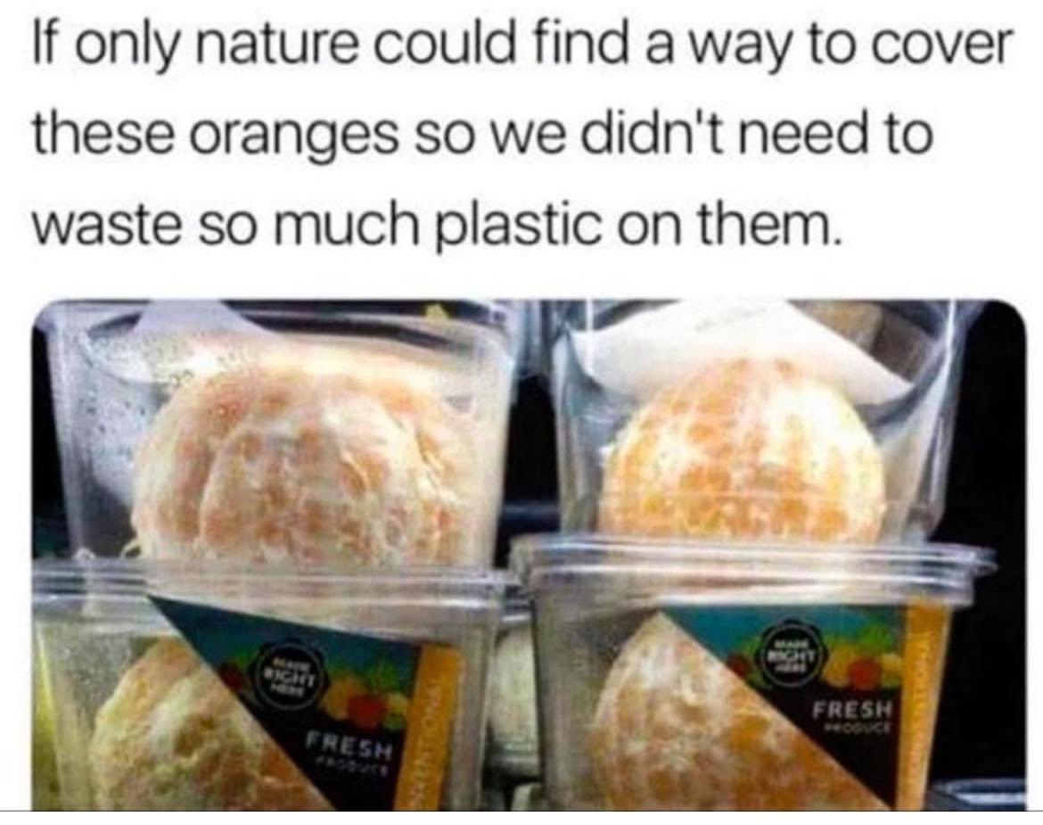 If only nature could find а way to cover these oranges so we didn't need to waste so much plastic on them.