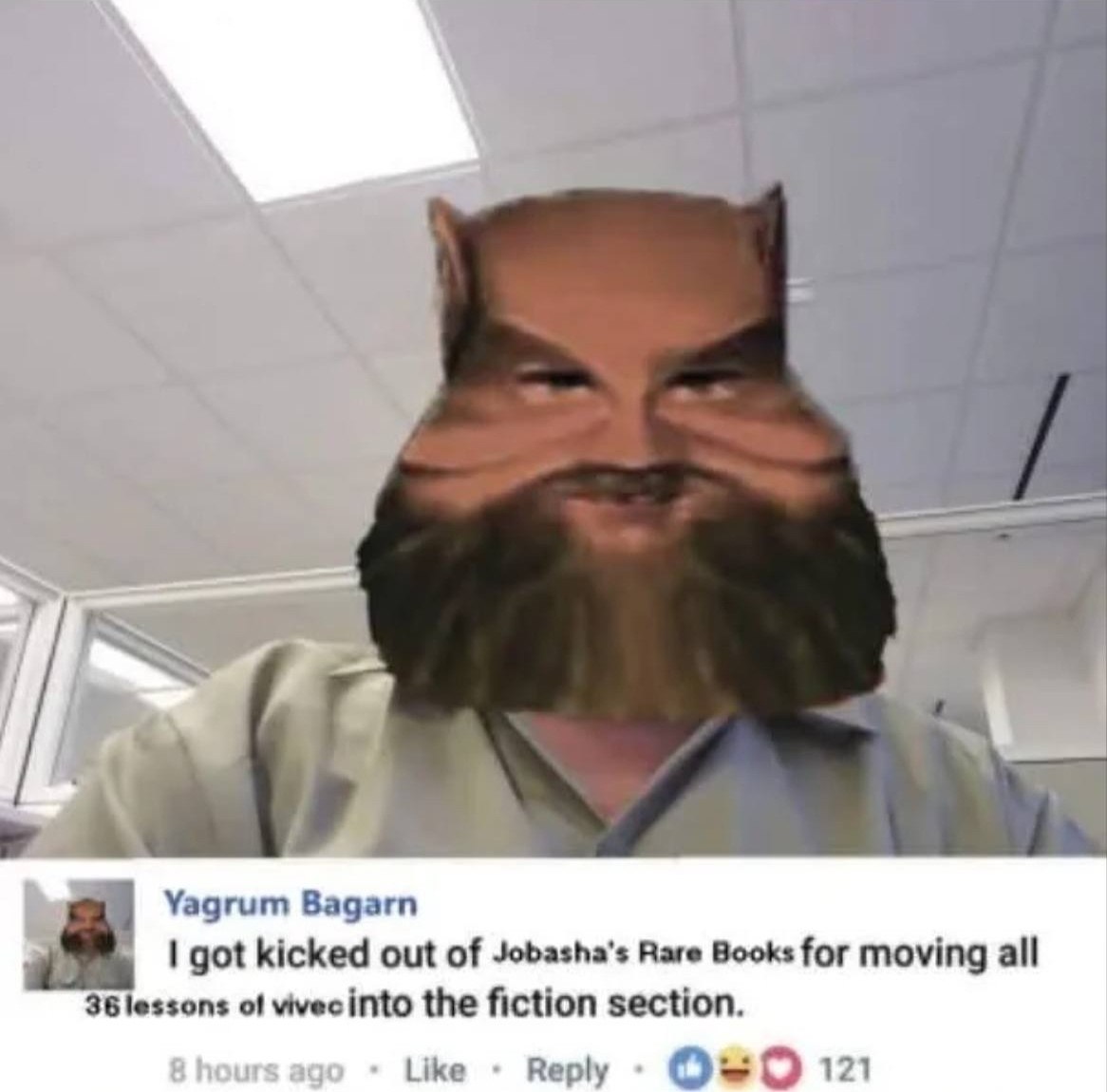 a Уадгит Bagarn got kicked out of Rare Books for moving all 36 lessons of vivecinto the fiction section. Like Reply 121