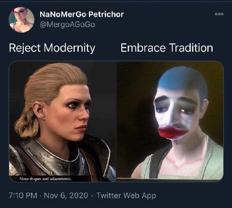 ооо NaNoMerGo Petrichor @MergoAGoGo Reject Modernity Embrace Tradition Nose shapes and adjustments. 7:10 Nov 6, 2020 Twitter Web App