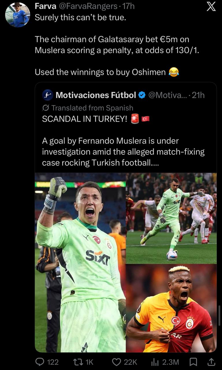 Рагуа 17 2’ Surely this can’t be true. The chairman of Galatasaray bet on Muslera scoring a penalty, at odds of 130/1. Used the winnings to buy Oshimen Motivaciones Futbol (9 Translated from Spanish S