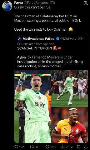 Рагуа 17 2’ Surely this can’t be true. The chairman of Galatasaray bet on Muslera scoring a penalty, at odds of 130/1. Used the winnings to buy Oshimen Motivaciones Futbol (9 Translated from Spanish S