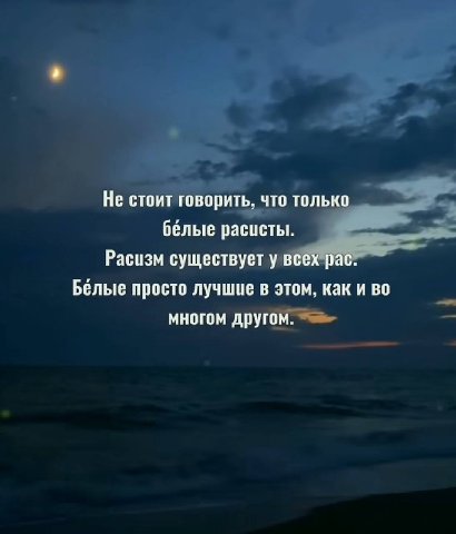 Не стоит говорить, что только белые расисты. Расизм существует у всех рас. Белые просто лучшие в этом, каки во многом другом.