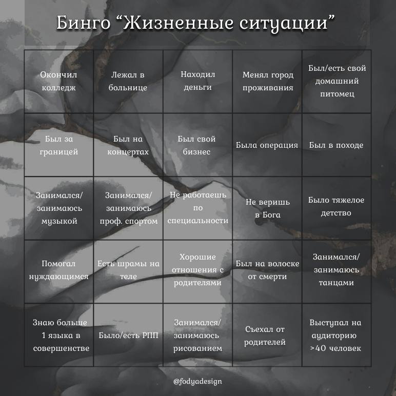 Бинго “Жизненные ситуации” Был/есть свой Лежал в Окончил Находил Менял город домашний колледж больнице деньги проживания питомец Был за Был на Был свой Была операция Был в походе границей концертах би