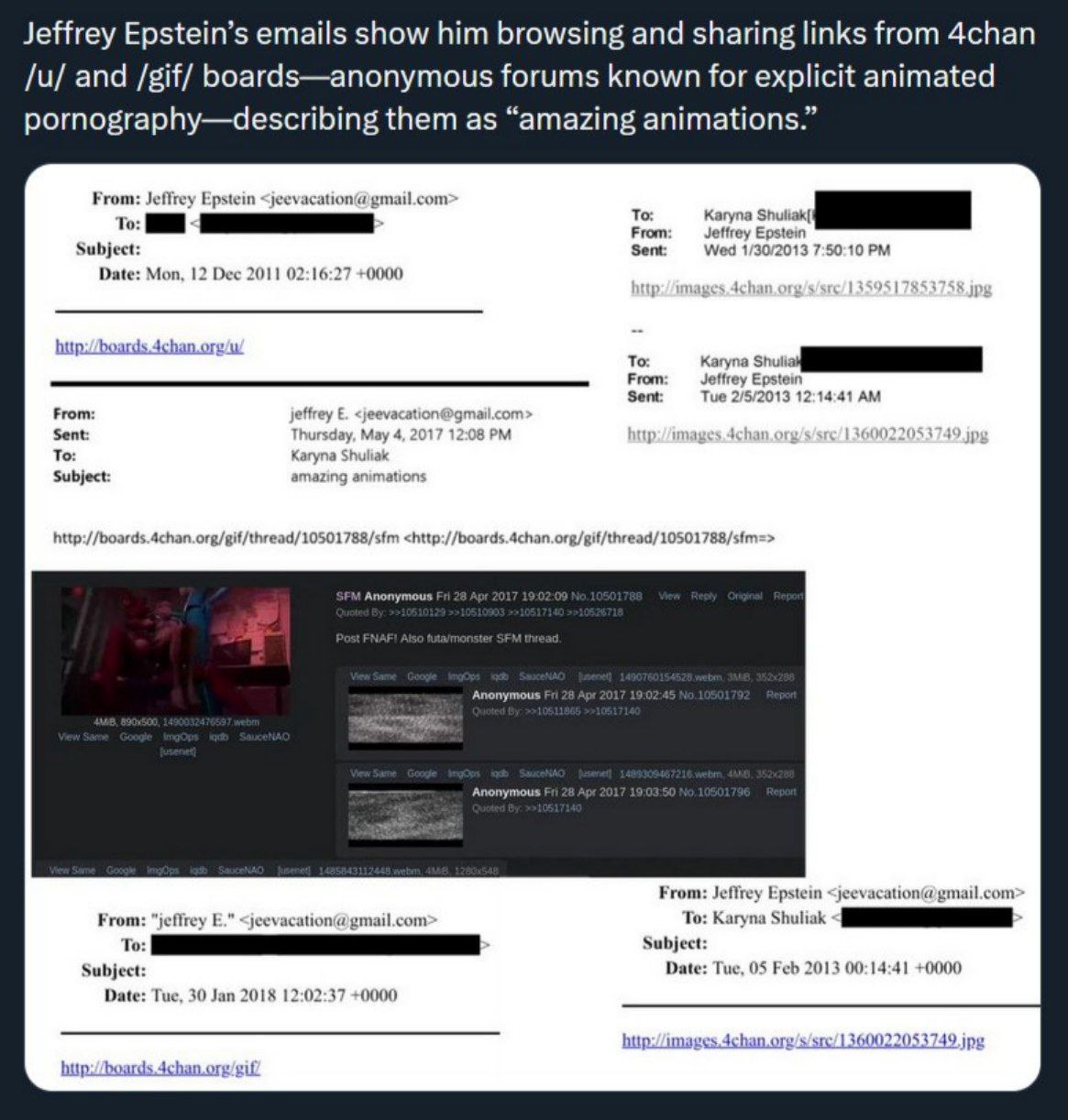 Jeffrey Epstein’s emails show him browsing and sharing links from 4chan and /gif/ boards—anonymous forums known for explicit animated pornography—describing them as “amazing animations.” From: Epstein