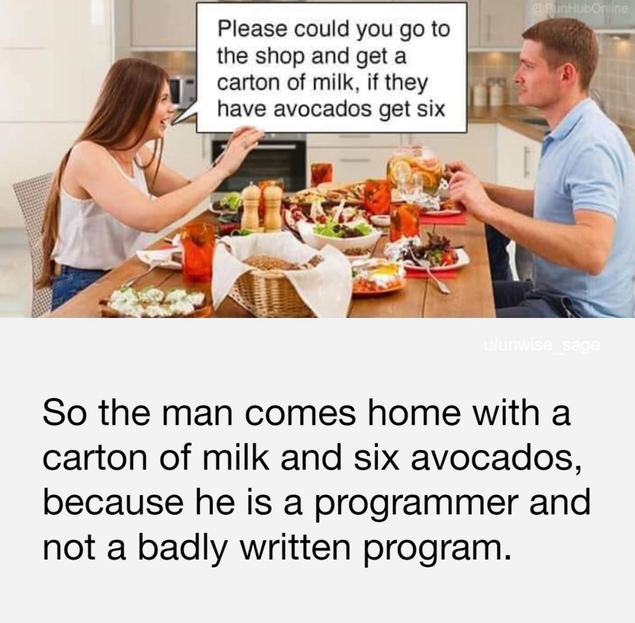 Please could you to the shop and а carton of milk, if they get six So the man comes home with a carton of milk and six avocados, because he is a programmer and not a badly written program.