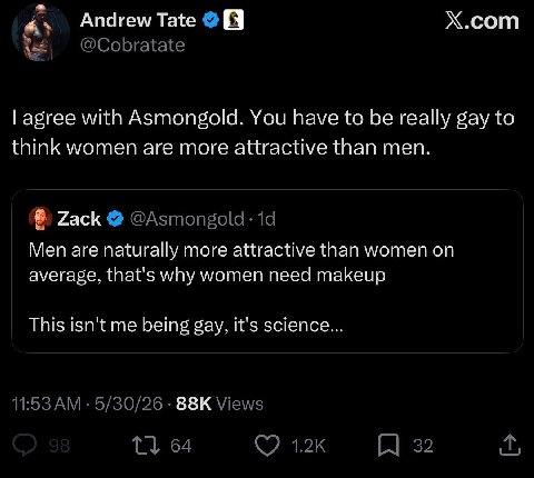 Х.сот agree with Asmongold. You have to be really gay to think women are more attractive than men. Zack Men are naturally more attractive than women on average, that's why women need makeup This isn't