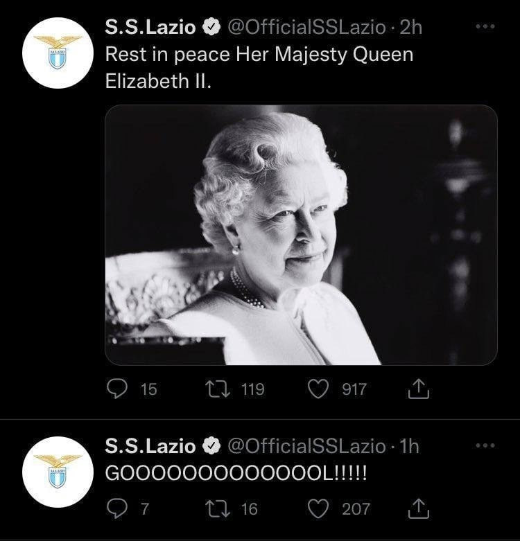 S.S.Lazio @OfficialSSLazio Rest in peace Her Majesty Queen о Elizabeth С) 15 1} 119 917 S.S.Lazio @OfficialSSLazio GOOOOOOOOOOOOOL!!!!! о 16 207