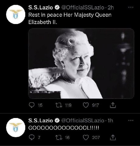 S.S.Lazio @OfficialSSLazio Rest in peace Her Majesty Queen о Elizabeth С) 15 1} 119 917 S.S.Lazio @OfficialSSLazio GOOOOOOOOOOOOOL!!!!! о 16 207