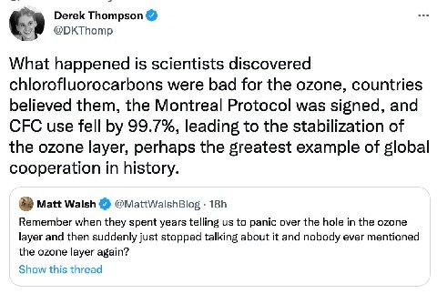 Derek Thompson @DKThomp What happened is scientists discovered chlorofluorocarbons were bad for the ozone, countries believed them, the Montreal Protocol was signed, and CFC use fell 99.7%, leading to