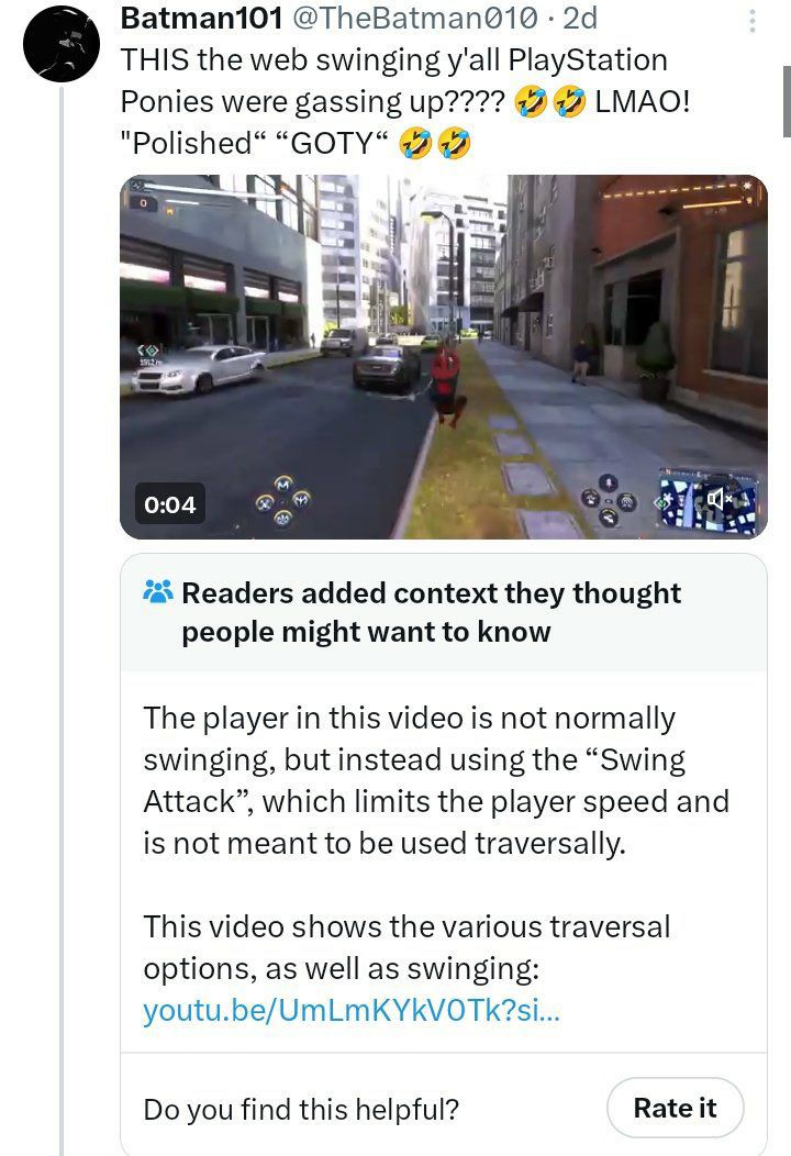 Batman101 THIS the web swinging y'all PlayStation Ponies were gassing 12 LMAO! "Polished“ “СОТУ“ 0:04 Readers added context they thought people might want to know The player in this video is not norma