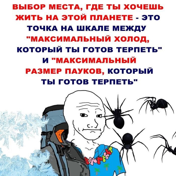 ВЫБОР МЕСТА, ГДЕ ТЫ ХОЧЕШЬ ЖИТЬ НА ЭТОЙ ПЛАНЕТЕ ЭТО ТОЧКА НА ШКАЛЕ МЕЖДУ "МАКСИМАЛЬНЫЙ ХОЛОД, КОТОРЫЙ ТЫ ГОТОВ ТЕРПЕТЬ" И "МАКСИМАЛЬНЫЙ РАЗМЕР ПАУКОВ, КОТОРЫЙ ТЫ ГОТОВ ТЕРПЕТЬ"