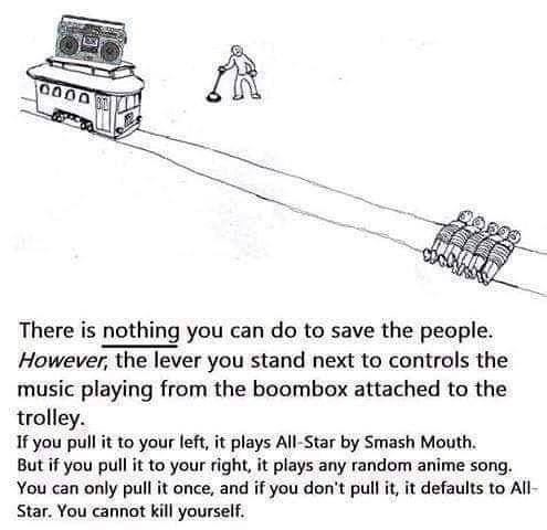 There is nothing you can to save the people. However, the lever you stand next to controls the music playing from the boombox attached to the trolley. If you pull it to your left, it plays All-Star Sm