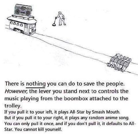 There is nothing you can to save the people. However, the lever you stand next to controls the music playing from the boombox attached to the trolley. If you pull it to your left, it plays All-Star Sm