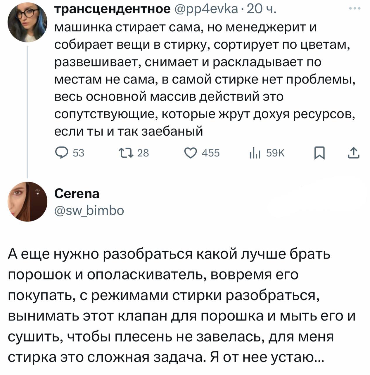 трансцендентное @pp4evka: машинка стирает сама, но менеджерит и собирает вещи в стирку, сортирует по цветам, развешивает, снимает и раскладывает по местам не сама, в самой стирке нет проблемы, весь ос