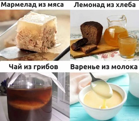 Мармелад из мяса Лемонад из хлеба Чай из грибов Варенье из молока