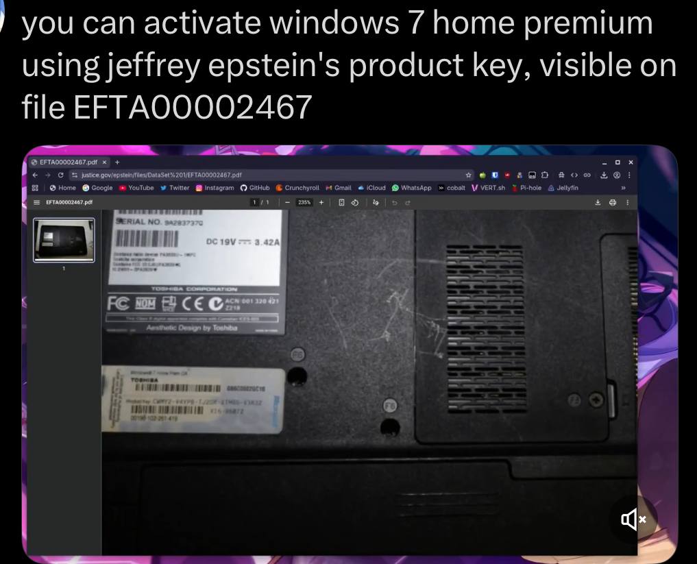 you can activate windows 7 home premium using jeffrey epstein’s product key, visible on file ЕРТАОООО2467 С