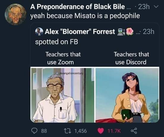 А Preponderance of Black Bile yeah because Misato is a pedophile Alex "Bloomer" Forrest spotted on Teachers that Teachers that use Zoom use Discord