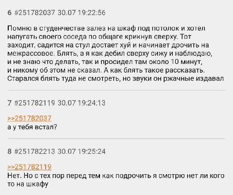 6 #251782037 30.07 19:22:56 Помню в студенчестве залез на шкаф под потолок и хотел напугать своего соседа по общаге крикнув сверху. Тот заходит, садится на стул достает хуй и начинает дрочить на межра