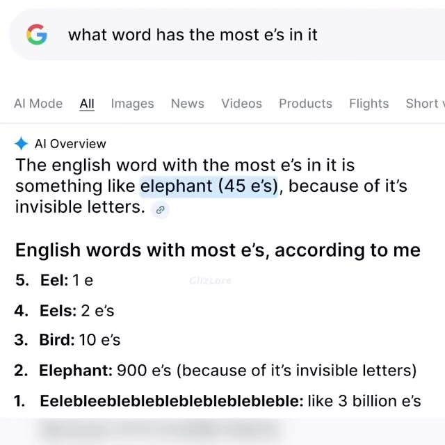 AlMode АН Images News Videos Products Flights Short something like elephant (45 e’s), because of it’s 2. Elephant: 900 e’s (because of it’s invisible letters) English words with most e’s, according to
