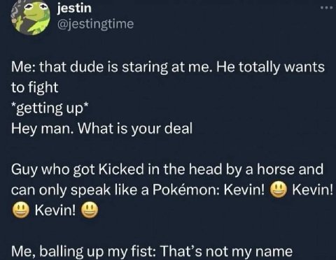 jestin Me: that dude is staring at me. He totally wants to fight *setting Hey man. What is your deal Guy who got Kicked in the head a horse and can only speak like a Pokémon: Kevin! Kevin! Kevin! Me, 