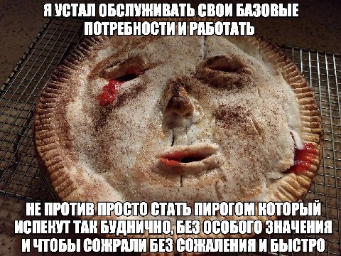 Я УСТАЛ ОБСЛУЖИВАТЬ СВОИ БАЗОВЫЕ ПОТРЕБНОСТИ И РАБОТАТЬ HE ПРОСТО СТАТЬ ПИРОГОМ КОТОРЫЙ ИСПЕКУТ ТАК БУДНИЧНО, БЕЗ ОСОБОГО ЗНАЧЕНИЯ ИЧТОБЫ СОЖРАЛИ БЕЗ СОЖАЛЕНИЯ И БЫСТРО