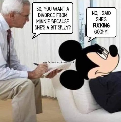 SO, YOU WANT A DIVORCE FROM NO, SAID MINNIE BECAUSE SHE'S SHE'S A BIT SILLY? FUCKING 2