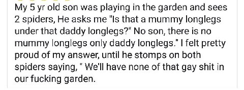 5 old son was playing the garden and sees 2 spiders, He asks me ‘Is that a mummy longlegs under that daddy longlegs?" No son, there is no mummy longlegs only daddy felt pretty proud of my answer, unti