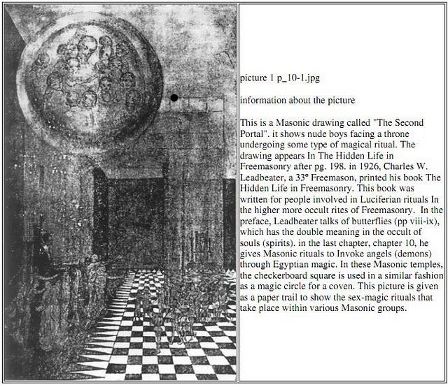 picture at information about the picture This is a Masonic drawing called "The Second Portal”. it shows nude boys facing а throne ndergoing some type of magical ritual. The drawing appears In The Hidd