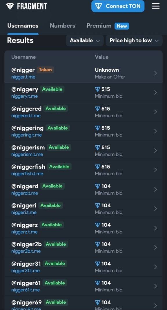 FRAGMENT Usernames Numbers Premium (Wew) SSS Results Available Узегпате Value @nigger Taken Unknown Make an Offer @niggery Available 515 niggery.t.me Minimum bid @niggered Available 515 niggered.t.me 