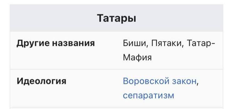 Татары Другие названия Биши, Пятаки, Татар- Мафия Идеология Воровской закон, сепаратизм