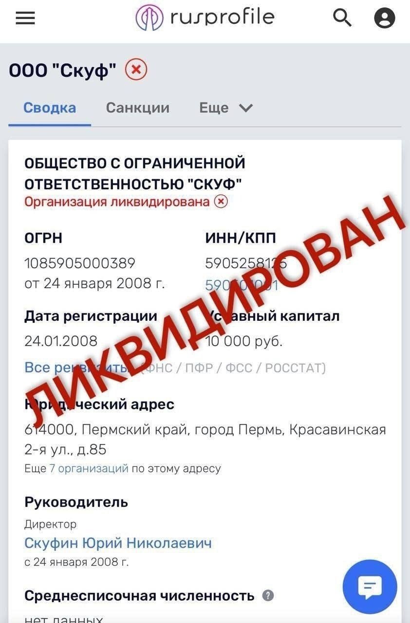rusprofile о 000 "Скуф" Сводка Санкции Еще ОБЩЕСТВО С ОГРАНИЧЕННОЙ ОТВЕТСТВЕННОСТЬЮ "СКУФ" Организация ликвидирована ОГРН ИНН/КПП 1085905000389 590525 от 24 января 2008 59 4 Дата регистрации вный капи