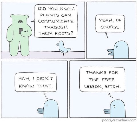 DID YOU KNOW) PLANTS CAN COMMUNICATE YEAH, OF THROUGH COURSE THEIR ROOTS? THANKS FOR HAH, DION'T THE FREE KNOL THAT. LESSON, BITCH poorlydrawnlines.com