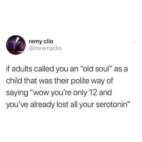remy clio aitsremyclio if adults called you an “old soul” as a child that was their polite way of saying “wow you're only 12 and you've already lost all your serotonin”