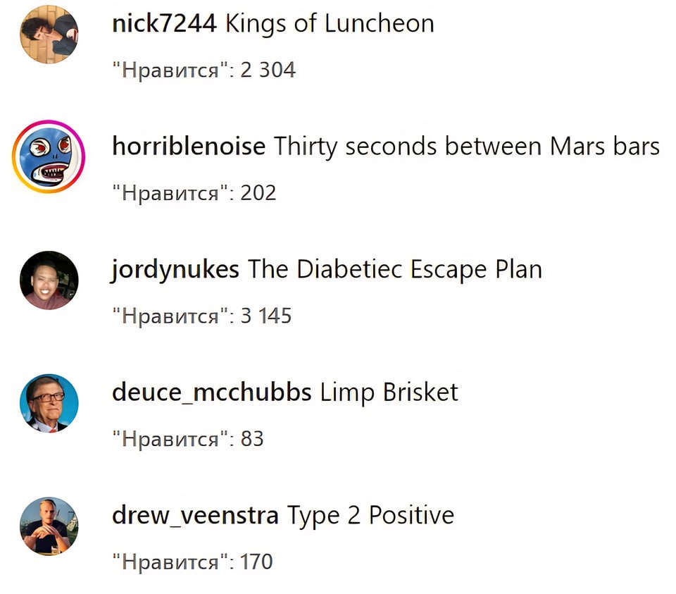 nick7244 Kings of Luncheon "Нравится": 2 304 horriblenoise Thirty seconds between Mars bars "Нравится": 202 О jordynukes The Diabetiec Escape Plan "Нравится": 3 145 deuce_mcchubbs Limp Brisket "Нравит