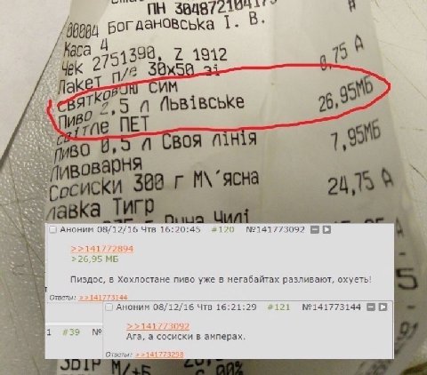 4 5 Пьв1вське ПИВО, СВОЯ Аноним 08/12/16 Чтв 16:20:45 #120 №141773092 >>141772894 >26,95 Пиздос, в Хохлостане пиво уже в мегабайтах разливают, охуеть! Ответы: >>141773144 AHOHMM 08/12/16 Чтв 16:21:29 