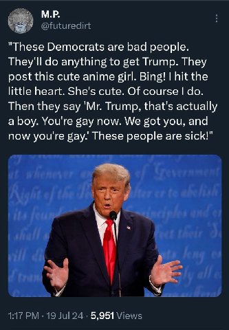 @futuredirt "These Democrats are bad people. They'll anything to get Trump. They post this cute anime girl. Bing! hit the little heart. She's cute. Of course Then they say Trump, that's actually a boy