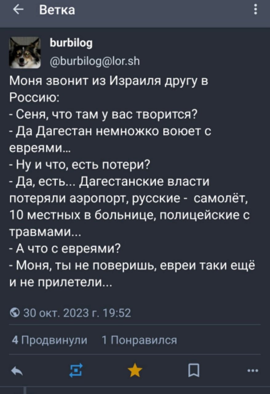 Ветка burbilog An @burbilog@lor.sh Моня звонит из Израиля другу в Россию: Сеня, что там у вас творится? Да Дагестан немножко воюет с евреями... что, есть потери? Да, есть... Дагестанские власти потеря