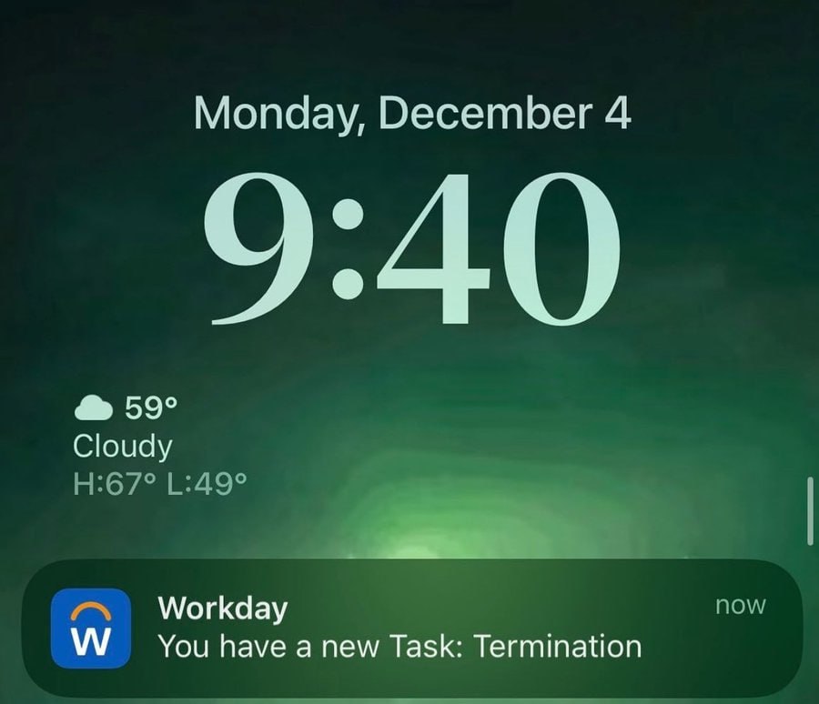 Monday, December 4 9:40 59° Cloudy oN Workday Now You have a new Task: Termination