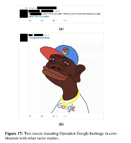 and what is your job? Writing cuck articles and slurping Google balls? #Dumbgoogles (a) #GooglesGonnaGoog Figure 17: Two tweets featuring Operation Google hashtags in com- bination with other racist m