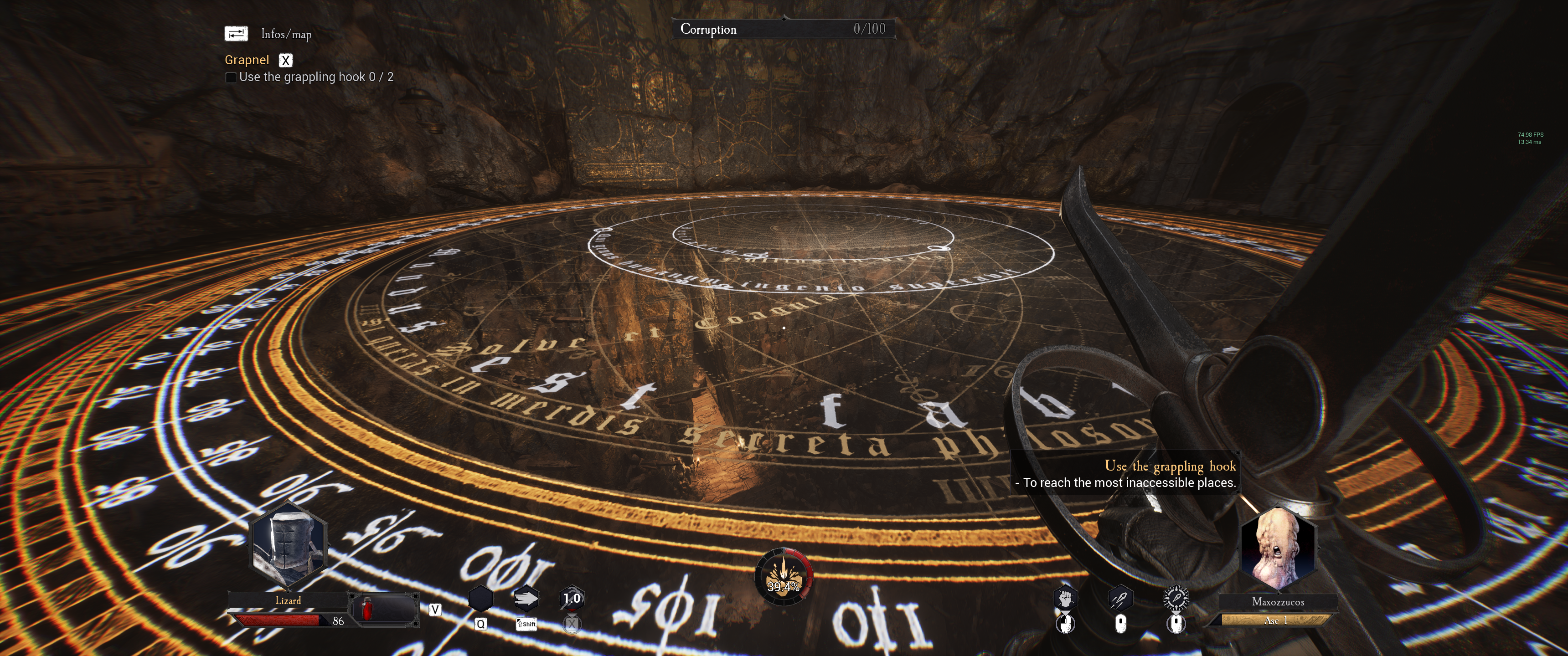 Corruption Infos/map Grapnel Use the grappling hook 0 2 fat 4` Use the grappling hook To reach the most inaccessible places. a Lizard 1.0 Maxozzucos 86 я I