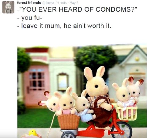 forest friends -"УОЧ EVER HEARD OF CONDOMS?" you leave it mum, he ain't worth it.