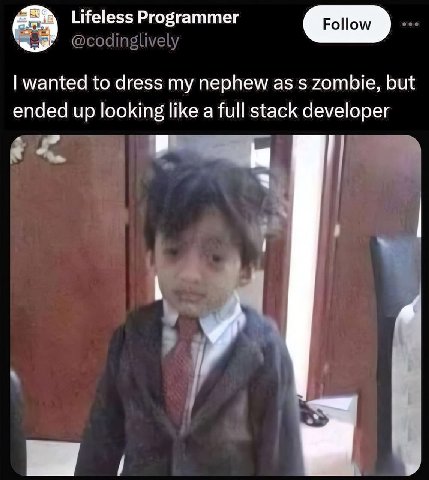 Lifeless Programmer wanted to dress my nephew as zombie, but ended up looking like a full stack developer