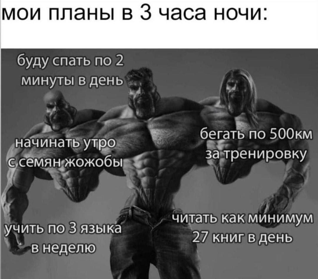 мои планы в 3 часа ночи: буду спать по 2 минуты в день бегать по начинать утро с семян жожобы за тренировку читать как минимум учить по 3 языка 27 книг в день в неделю