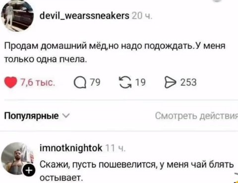 9 devil_wearssneakers 20 Продам домашний надо подождать.У меня только одна пчела. С79 Популярные Смотреть действия imnotknightok 4 Скажи, пусть пошевелится, у меня чай блять остывает.