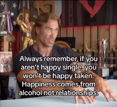 Always remember, if you aren't happy single, you won't be happy taken. Happiness comes from alcohol not relationships.