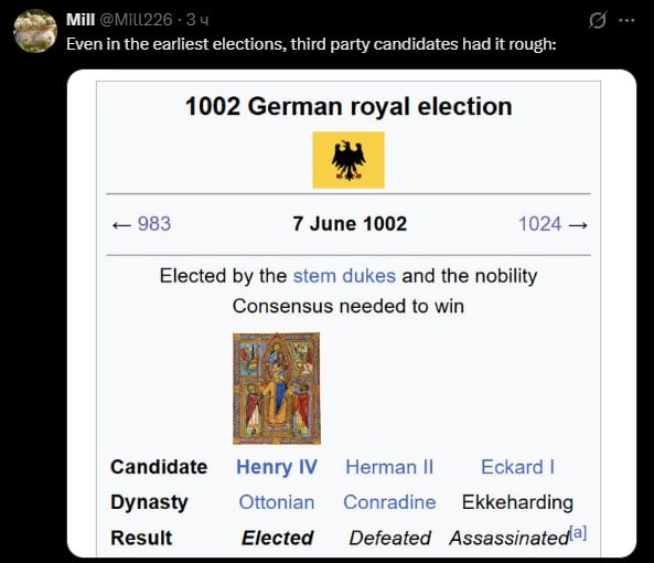 Mill Even in the earliest elections, third party candidates had it rough: 1002 German royal election 983 7 June 1002 1024 Elected the stem dukes and the nobility Consensus needed to win Candidate Непг